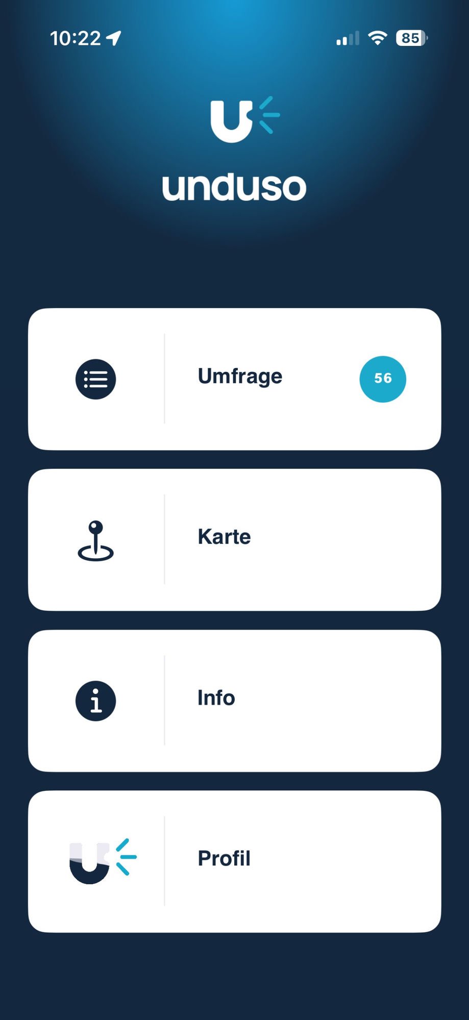 unduso App – Startbildschirm mit Umfrage, Karte, Info und Profil